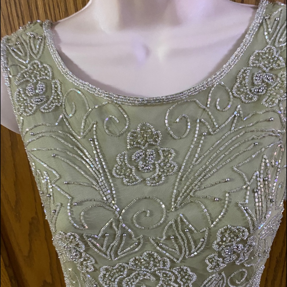 papell boutique sage green silk beaded gown 10